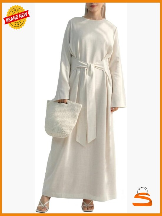 Dresses & Skirts - Linen-Blend Maxi Dress with Flared Sleeves and Tie Belt